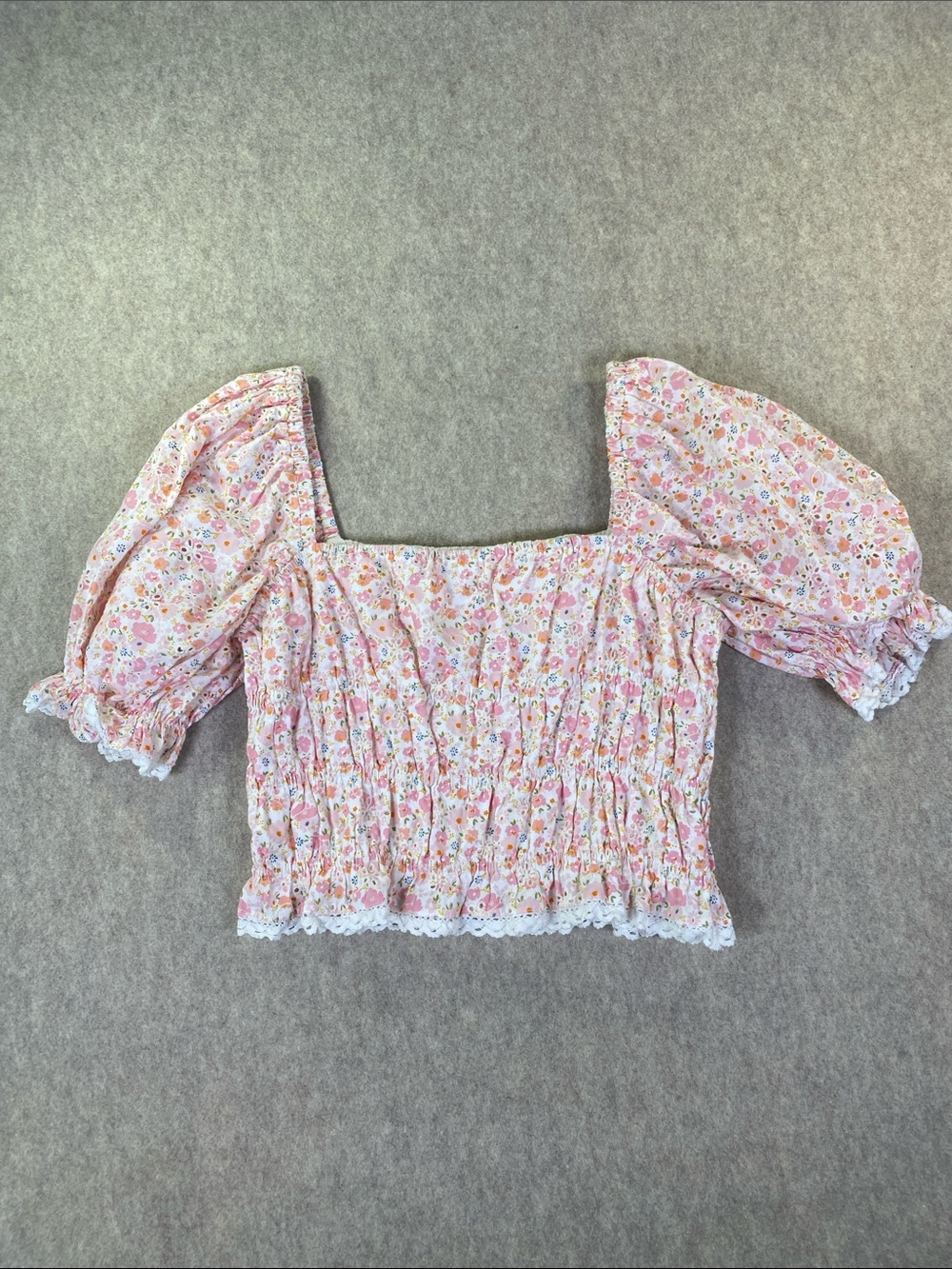 Free the Roses Pink Floral Smocked Puff-Sleeve Crop Top
